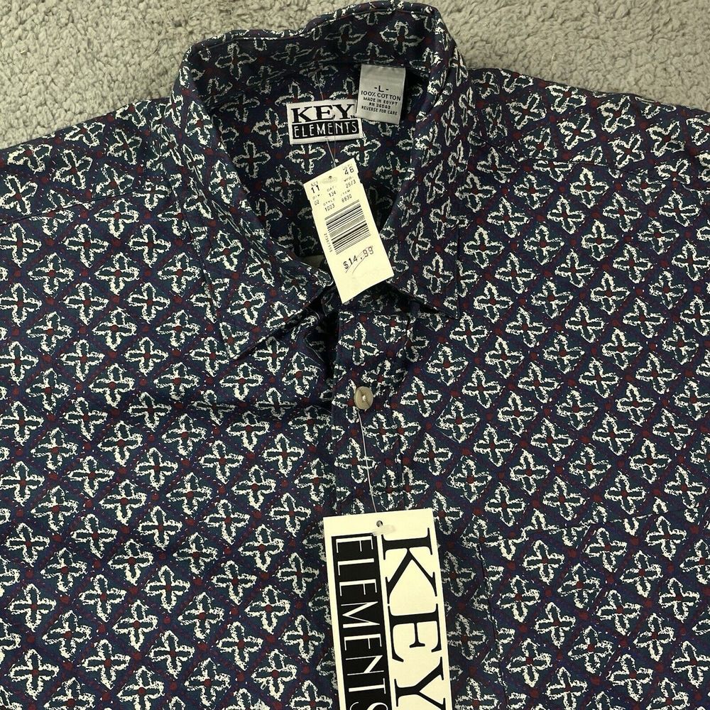 Vintage Key Elements 90's Button Shirt Blue Unique Pattern Long Sleeve Large NOS
